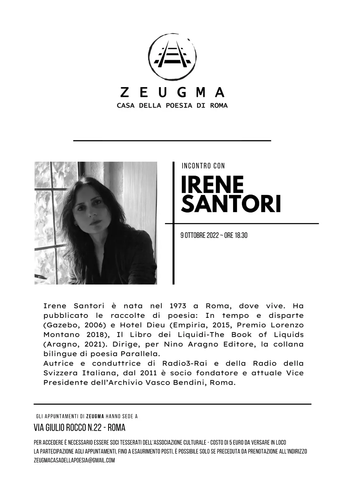 incontro irene santori zeugma roma 9 ottobre 2022